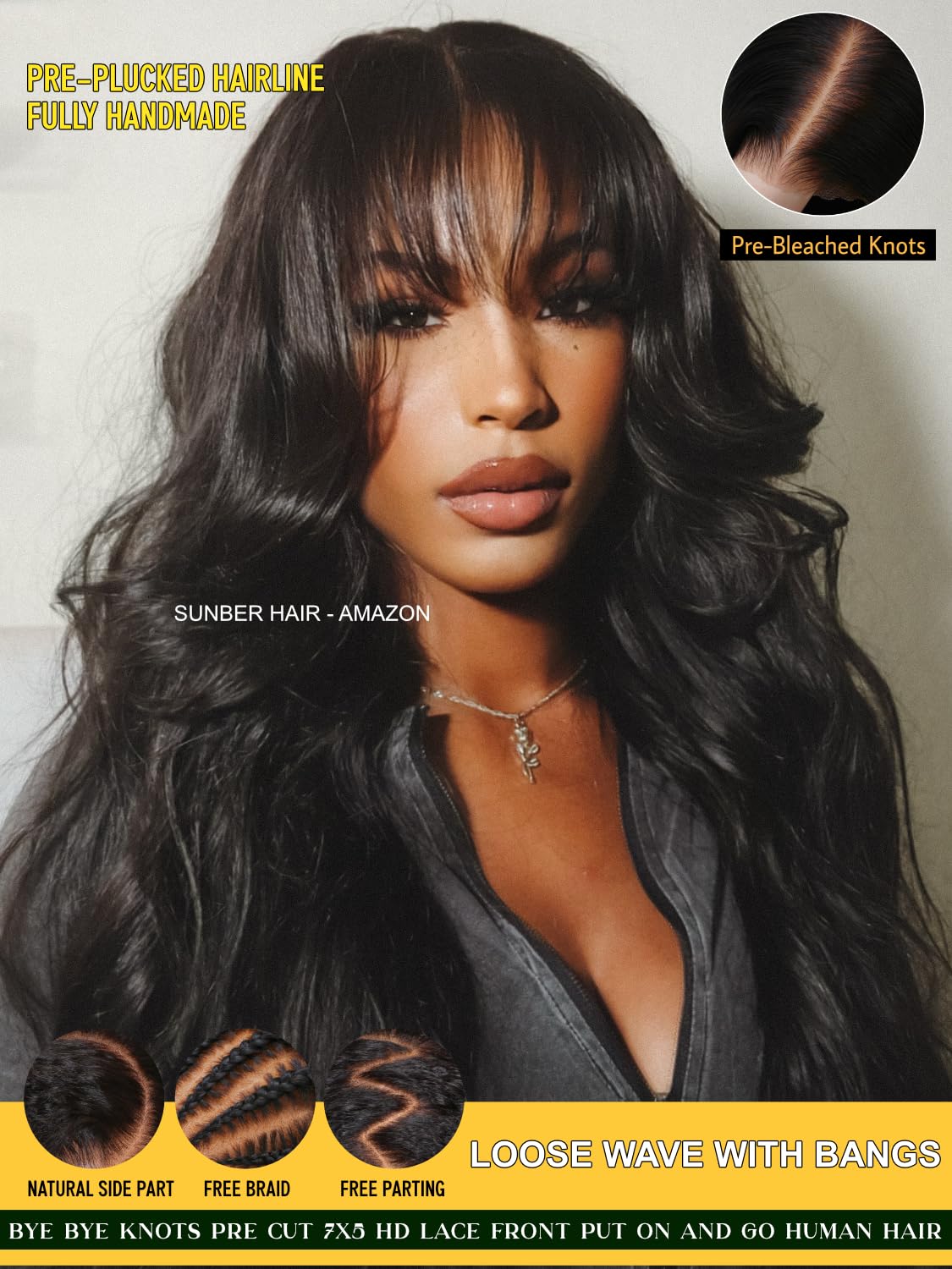 Sunber Bye Bye Knots 7x5 Lace Front Glueless Fluffy Natural Loose Wave Curtain Bangs Wig 180% Density Human Hair Wigs Pre Plucked Invisible Knots Pre Everything 3S Ready to Wear 28Inch