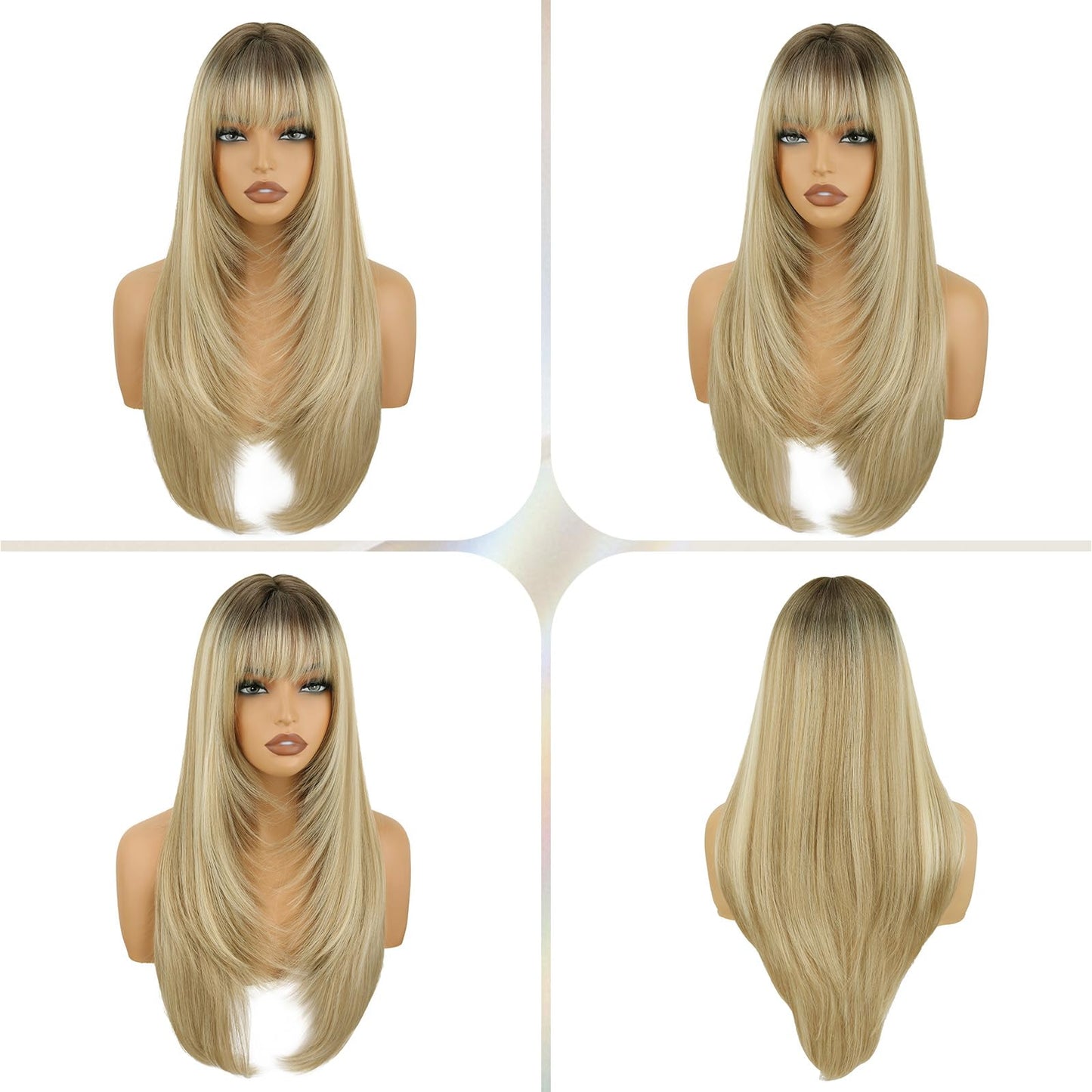 NOVFLKW Ombre Blonde Long Straight Layered Wig with Bangs for Women 26 inch Dark Root to Blonde Put on Go Realistic Synthetic Heat Resistant Natural Wig for Girls Party Cosplay and Daily Use