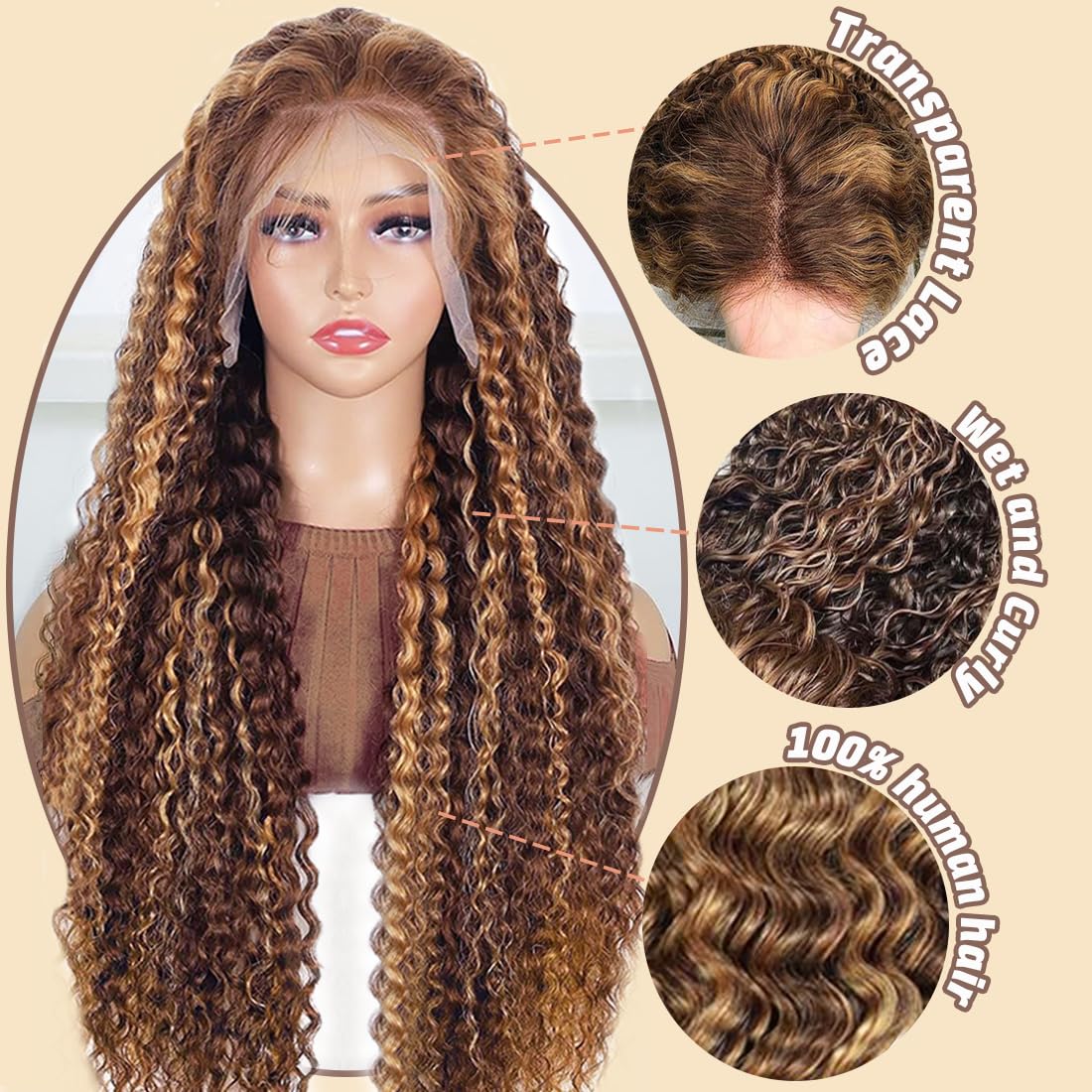 Honey Blonde 13x6 Deep Wave Lace Front Wigs Human Hair 22 inch 4/27 Highlight Ombre Deep Wave HD Transparent Lace Front Wigs Pre Plucked 200% Density Wet And Wavy Curly Lace Frontal Wig for Women