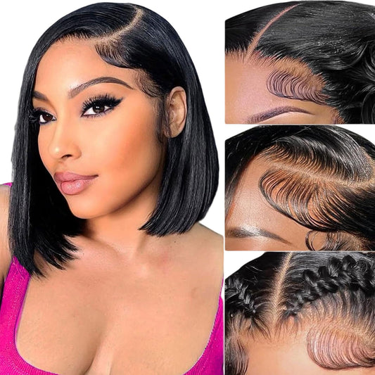 YFOXI Bob Wig Human Hair 13x4 Straight Lace Front Wigs Human Hair 150% Density Glueless Wigs Human Hair Pre Plucked Straight Bob Wigs for Black Women (14 Inch,Natural Black)