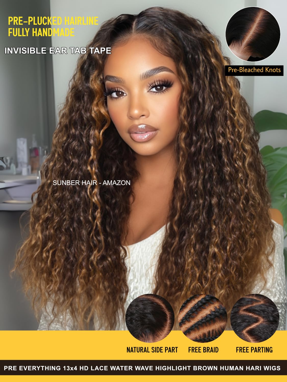 Sunber Ombre Brown Highlights Honey Blonde Water Wave Human Hair Glueless Wig Bye Bye Knots Pre Everything 7x5 Lace Front Pre Cut Lace Pre Plucked Pre Bleached Knots 150% Density 3S Pull Go 16Inch