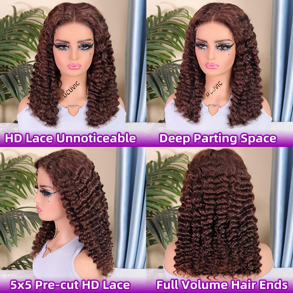 UCUVIC Wear And Go Glueless Wigs Human Hair Pre Plucked Pre Cut 5x5 Deep Wave Curly Bob Wig Human Hair Lace Front Closure Wigs For Black Women 200Density Curly Wig Glueless Chocolate Brown 16 Inch