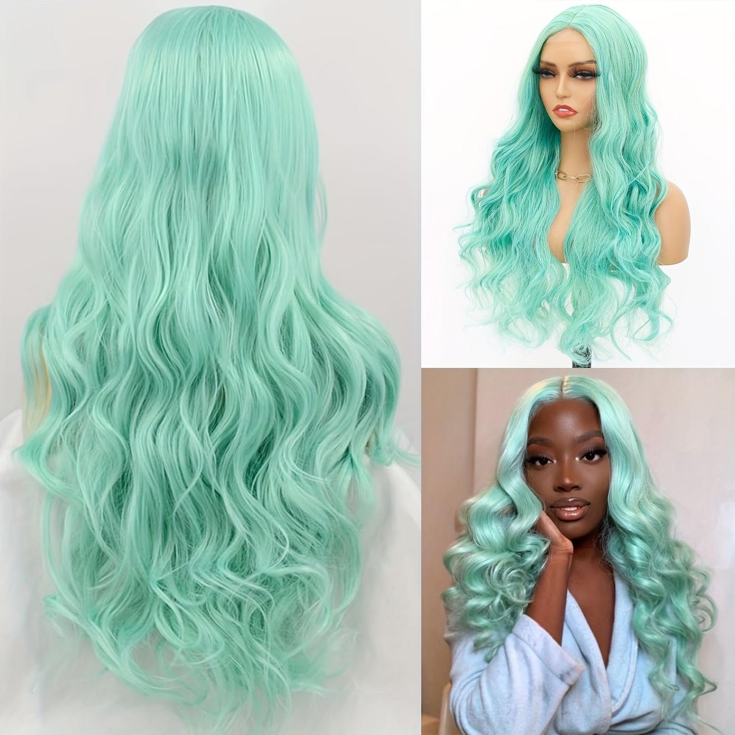SISIFIRE Highlight Long Wavy Wigs for Women Green Middle Part Loose Curly Wave Wig Synthetic Heat Resistant Fiber Wig for Halloween Cosplay Christmas Wigs