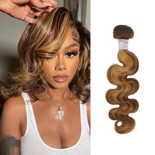 AUROO Highlight Human Hair Bundles Brazilian Body Wave Single Bundles Human Hair 10inch, 100% Virgin Hair Bundles Honey Blonde Ombre Wavy 4/27 For Women Colored Human Hair Sew In Weave 10A Remy Bundle