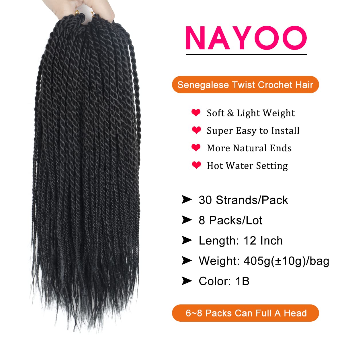 NAYOO Crochet Hair for Kids - 8 Packs 12 Inch Short Crochet Hair For Black Women, 30 Strands/Pack Small Crochet Twist Hair Hot Water Setting, Crochet Twist Braids Hair with Natural Ends(12 Inch, 1B)