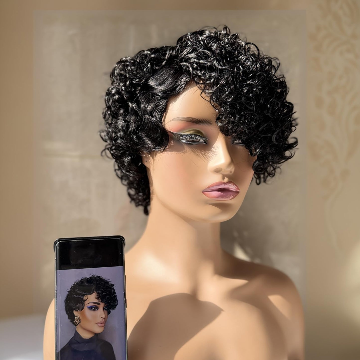 PurpleSexy Chic Elegent Short Curly Pixie Cut Human Hair Wig With Bangs Layered Pixie Wigs for Black Women Brazilian Virgin Curly Wave Human Hair Glueless Full Machine Made Wig