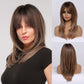 Tumhorn Long Ombre Brown Wigs with Bangs for Women Synthetic Hair Wig Natural Looking Heat Resistant Wavy Wigs