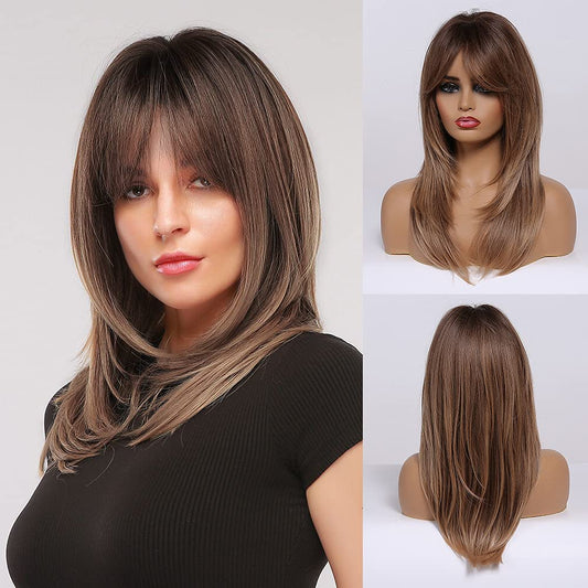 Tumhorn Long Ombre Brown Wigs with Bangs for Women Synthetic Hair Wig Natural Looking Heat Resistant Wavy Wigs