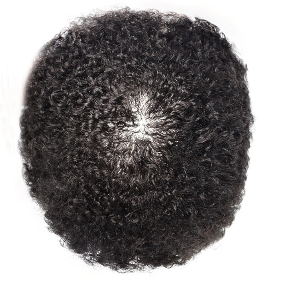 Blayzehair Afro Toupee for Black Men Kinky Curly Brazilian Human Hair Piece African American Wavy Hairpiece Full Poly Thin Skin PU Replacement System(8x10-120% Density,#1 Jet Black-8MM Wave)