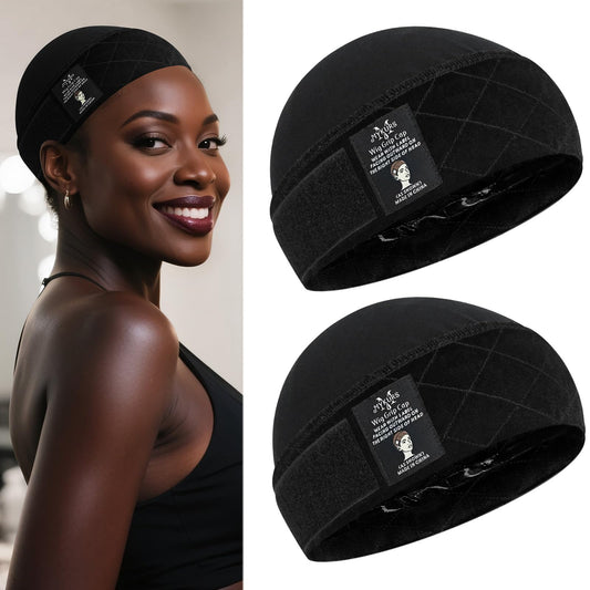 MYKURS Wig Caps with Grip Band to Hold Wig in Place, Soft Wig Caps for Women Non Slip, Black 2 PCS