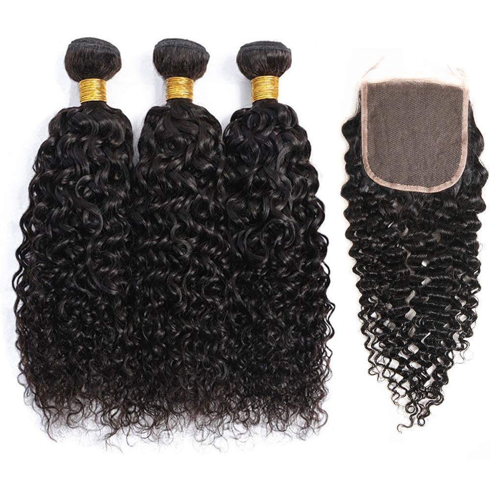 DreamPack Water Wave Human Hair 3 Bundles 101010+8 inch Wet and Wavy Bundles,with Closure Brazilian Virgin Hair 100% Unprocessed Human Hair Short Curly Weave with 4x4 Lace Closure Natural Color