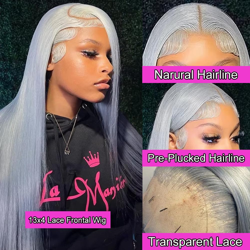 30 Inch Straight Grey Lace Front Wigs Human Hair 13x4 Silver Grey HD Lace Front Wig Human Hair Wear and Go Glueless Gray Wigs Pre Plucked with Baby Hair Grey Hd Lace Frontal Wig For Black Women