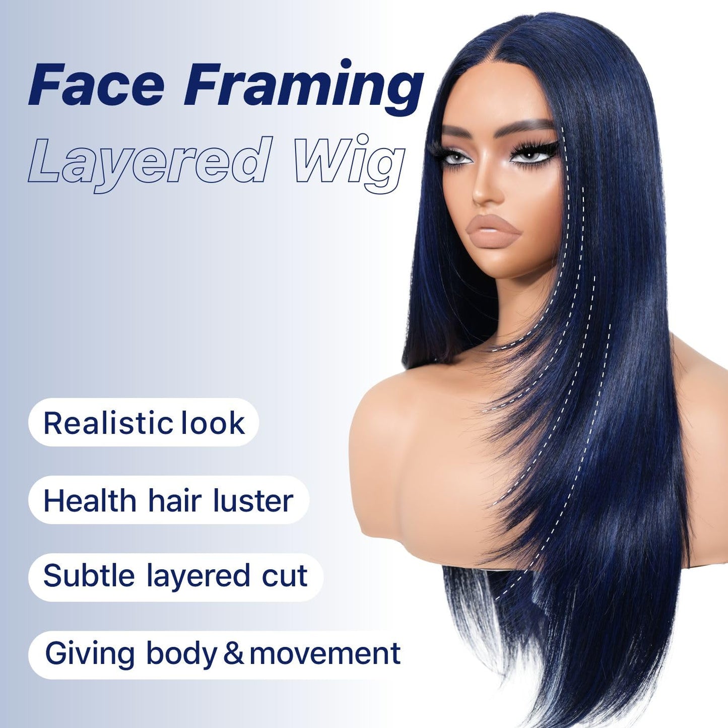 BrownBomb Dark Blue Wear and Go Glueless Wigs Pre Plucked Pre Cut for Beginners Synthetic Lace Front Wig for Woman Long layered Straight Wigs with Bangs 26 Inch 3 Seconds to Wear for Beginners