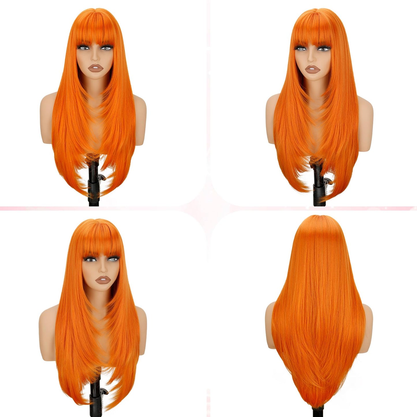 NOVFLKW Orange Long Straight Layered Wig with Bangs for Women 26 inch Put on Go Realistic Synthetic Fiber Heat Resistant Natural Wig for Girls Party Cosplay and Daily Use