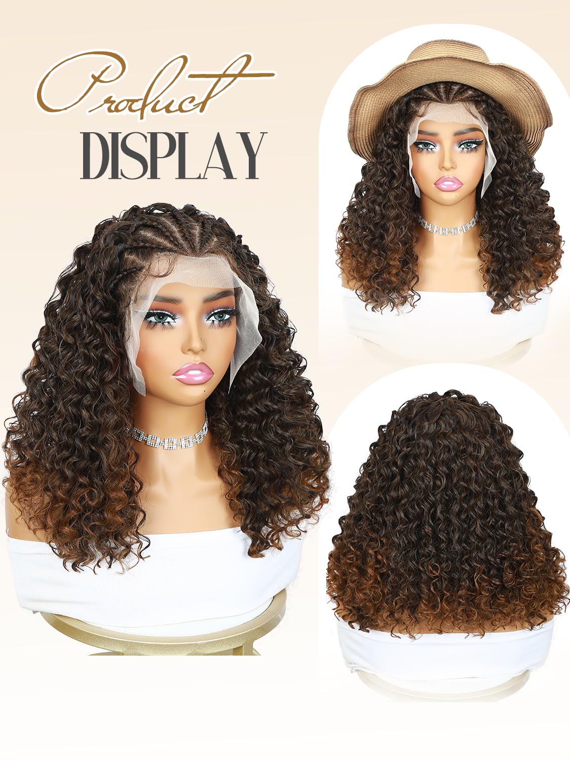 Quantum Love Braided Wigs for Black Women Braids Cornrows Lace Curly Wigs 16 Inch Lace Frontal Braided Fully Curly Ombre Brown Bob Synthetic Glueless Wigs