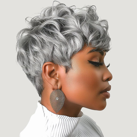 DOcute Gray Wig for Black People Pixie Cut Wig with Bangs Short Pixie, Curly Wig for Black Women, Fluffy Pixie Curly Wig for Women Natural Wavy Short Gray Pixie Cut (Grey)