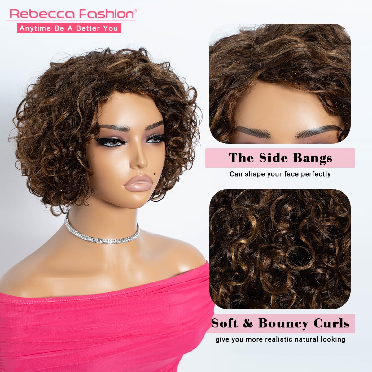 Rebecca Fashion Short Curly Human Hair Wigs for Black Women Side Part Cute Curly Bob Wig Brazilian Remy Non Lace Glueless Wigs Natural Looking Highlight Brown Blonde Color