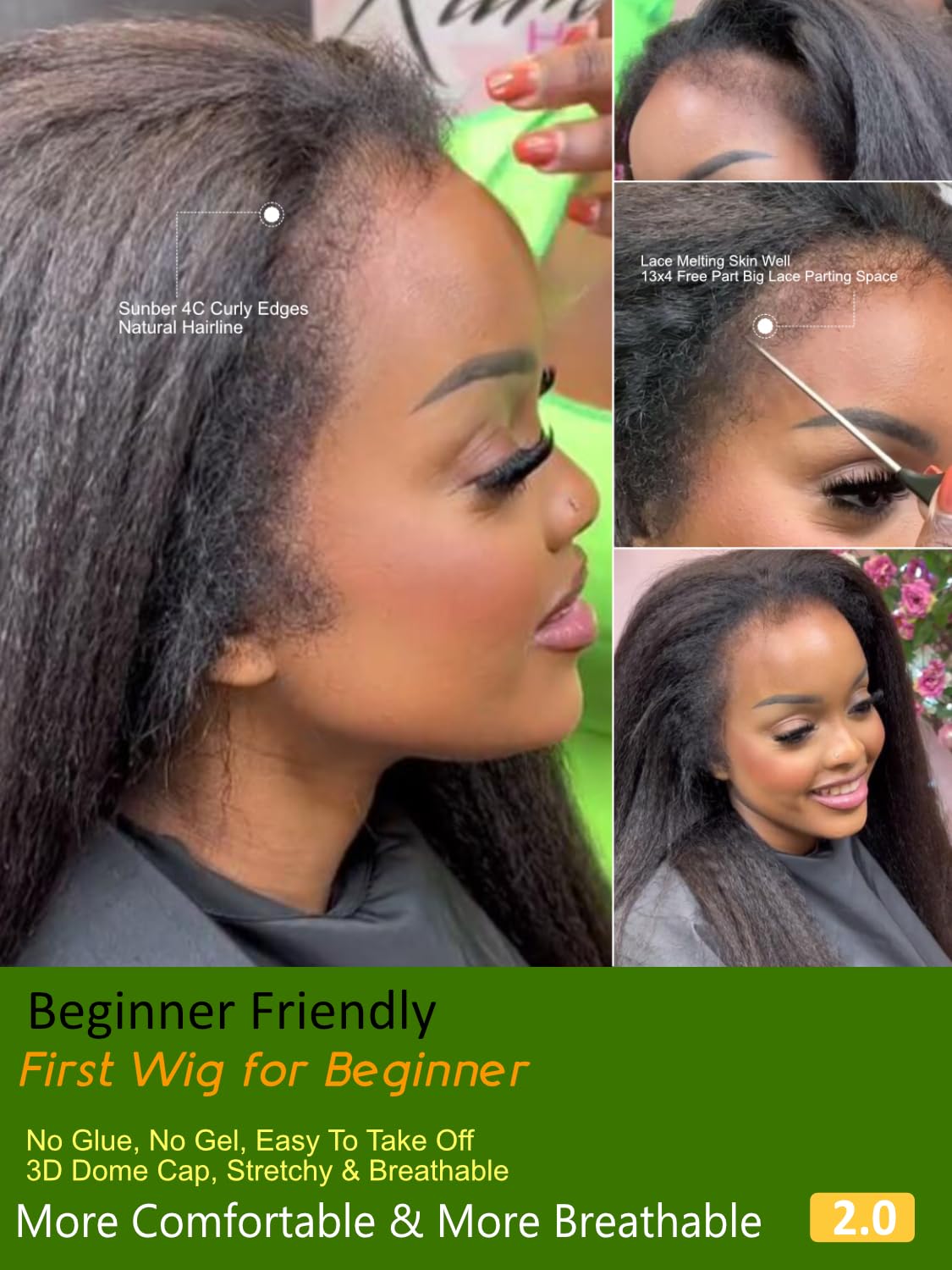 Sunber Bye Bye Knots 7x5 Lace Front Glueless 4C Egde Yaki Straight Human Hair Wigs Pre Plucked Invisible Knots Pre Everything 3S Ready to Wear Yaki Straight Human Hair Wig 20Inch