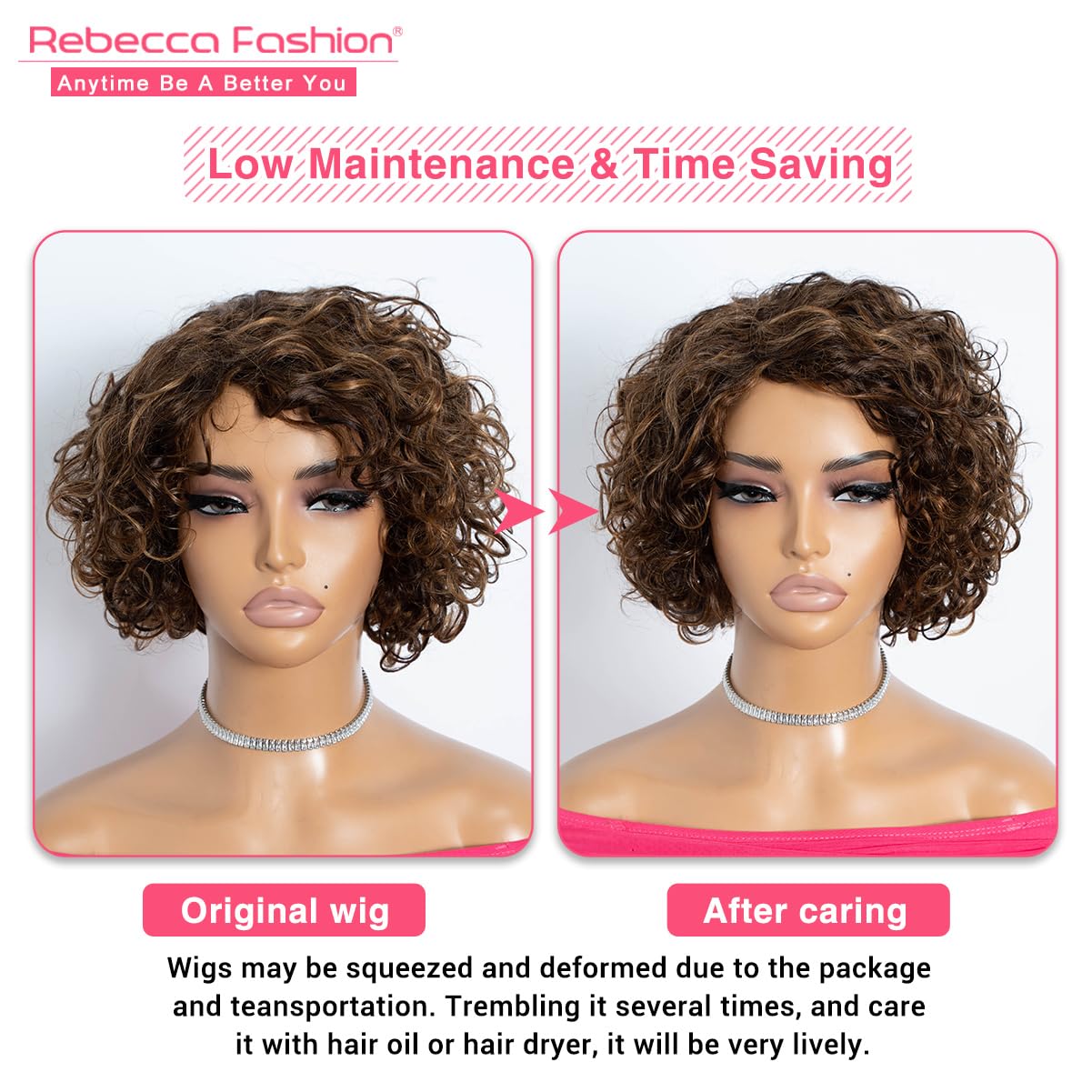 Rebecca Fashion Short Curly Human Hair Wigs for Black Women Side Part Cute Curly Bob Wig Brazilian Remy Non Lace Glueless Wigs Natural Looking Highlight Brown Blonde Color