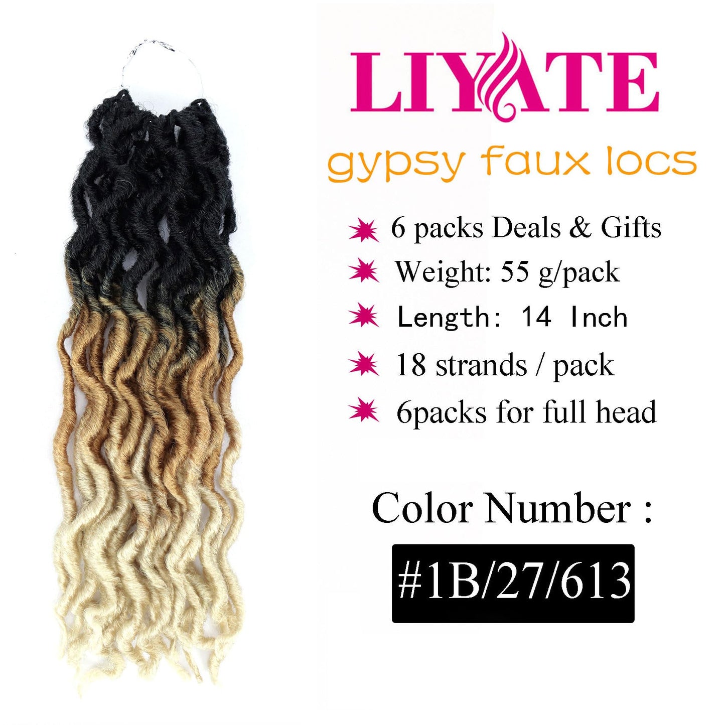 14 Inch Goddess Faux locs Crochet Hair 6 Packs/Lot Soft Gypsy Locs Wavy Crochet Braids Dreadlocks 3 Tone Curly Wavy Twist Braiding Hair Extensions African Roots Braid（1B/27/613)