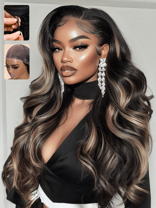 Sunber Butterscotch Highlights Brown with Free Face Framing Bangs Wig Pre Cut 7x5 Bye Bye Knots Lace Loose Wave Glueless Wigs 150% Density Pre Plucked Pre Bleached Knots 150% Density 20Inch Put On Wig