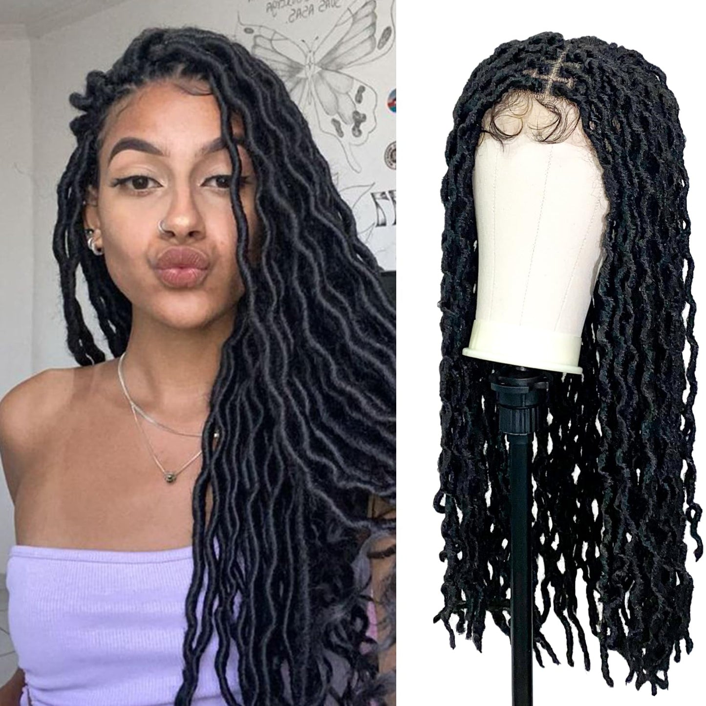 Janyuwool 36" Faux Locs Knotless Braided Wigs Dreadlock Full Double Lace Braid Wig Lace Front Braided Wig for Black Women Human Hair Blended Braids Wig with Baby Hair (Black)
