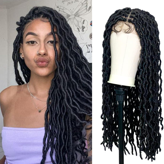 Janyuwool 36" Faux Locs Knotless Braided Wigs Dreadlock Full Double Lace Braid Wig Lace Front Braided Wig for Black Women Human Hair Blended Braids Wig with Baby Hair (Black)