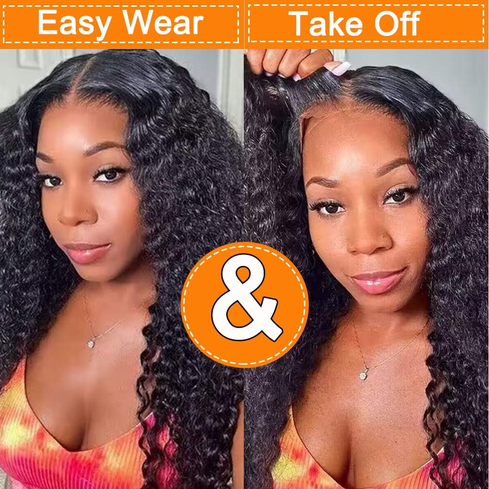 WPPIKK Wear and Go Glueless Wigs Human Hair Pre Plucked Pre Cut Brazilian Deep Wave Lace Front Wigs Human Hair 4x4 Lace Closure Wig for 4x4 Lace Black Color Women Glueless (28 Inch)