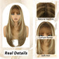 NOVFLKW Brown Long Straight Layered Wig with Bangs for Women 26 inch Light Brown with Blonde Put on Go Realistic Synthetic Heat Resistant Natural Wig for Girls Party Cosplay and Daily Use