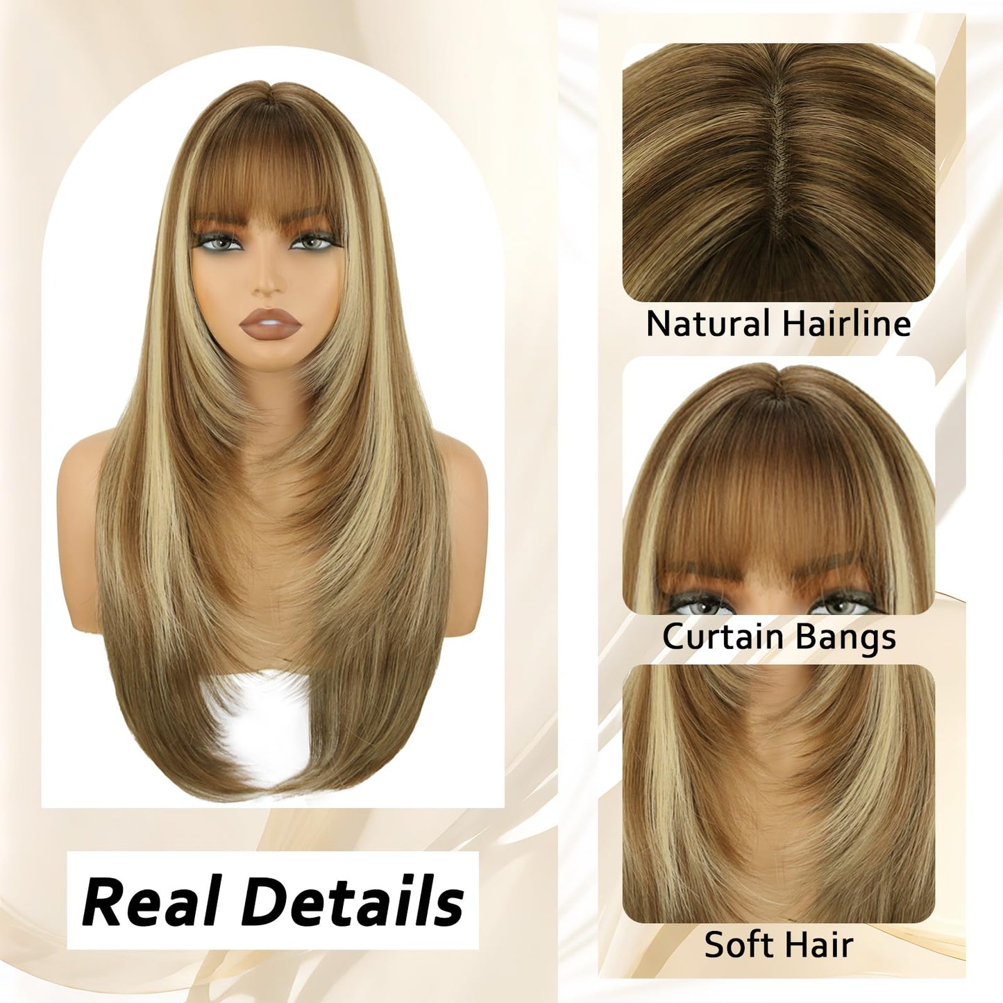 NOVFLKW Brown Long Straight Layered Wig with Bangs for Women 26 inch Light Brown with Blonde Put on Go Realistic Synthetic Heat Resistant Natural Wig for Girls Party Cosplay and Daily Use