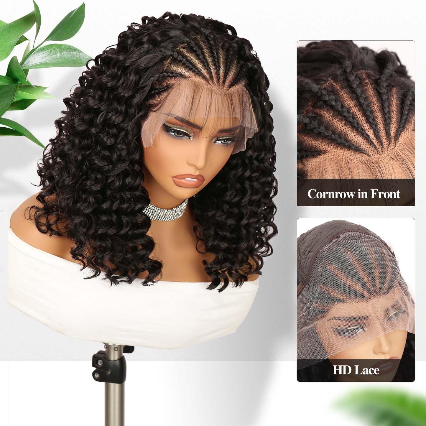 Fancy Hair Braided Wig for Black Women Cornrow with Curly Hair Wig HD Lace Front Wig with Baby Hair Pre Plucked Glueless Transparent 13x4 Inch Lace Frontal Wig (2#)