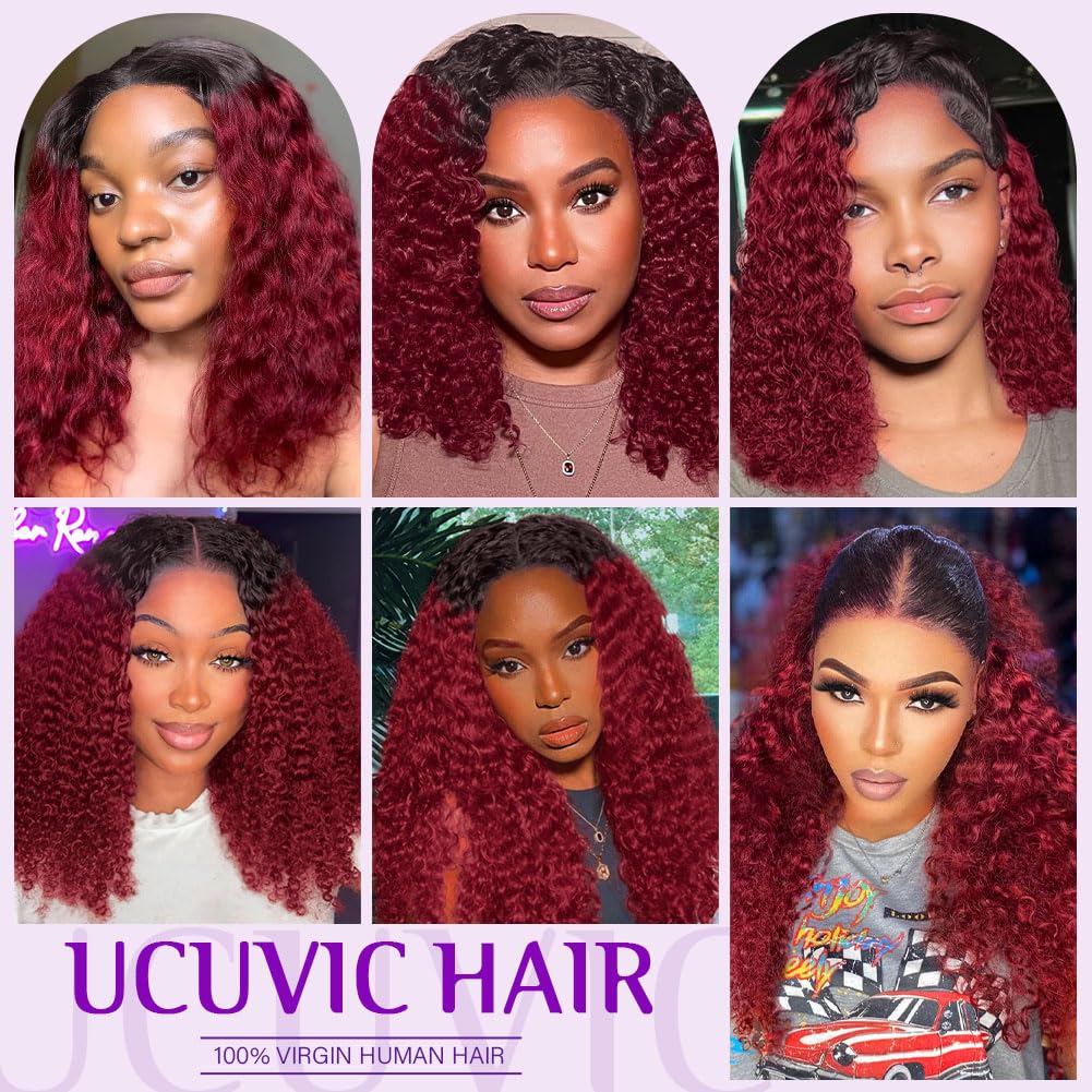 UCUVIC Wear And Go Glueless Wigs Human Hair Pre Plucked Pre Cut Curly 5x5 Deep Wave Bob Wig Human Hair Lace Front Closure Wigs For Black Women 200 Density Curly Wig Glueless Ombre Burgundy 12 Inch