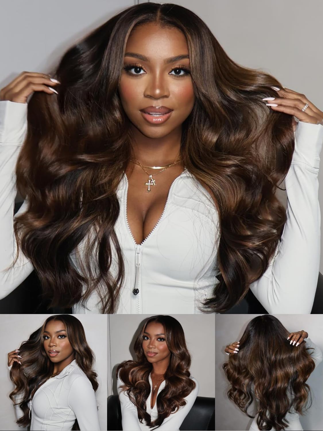Sunber Bye Bye Knots Glueless 7x5 Lace Front Human Hair Wig Loose Wave Plucked Pre Cut Lace Invisible Knots Put On and Go Chestnut Brown Ombre Color Ready to Wear Wig 150% Density 14Inch