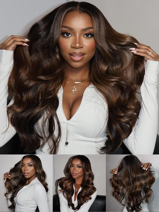 Sunber Bye Bye Knots Glueless 7x5 Lace Front Human Hair Wig Loose Wave Plucked Pre Cut Lace Invisible Knots Put On and Go Chestnut Brown Ombre Color Ready to Wear Wig 150% Density 26Inch