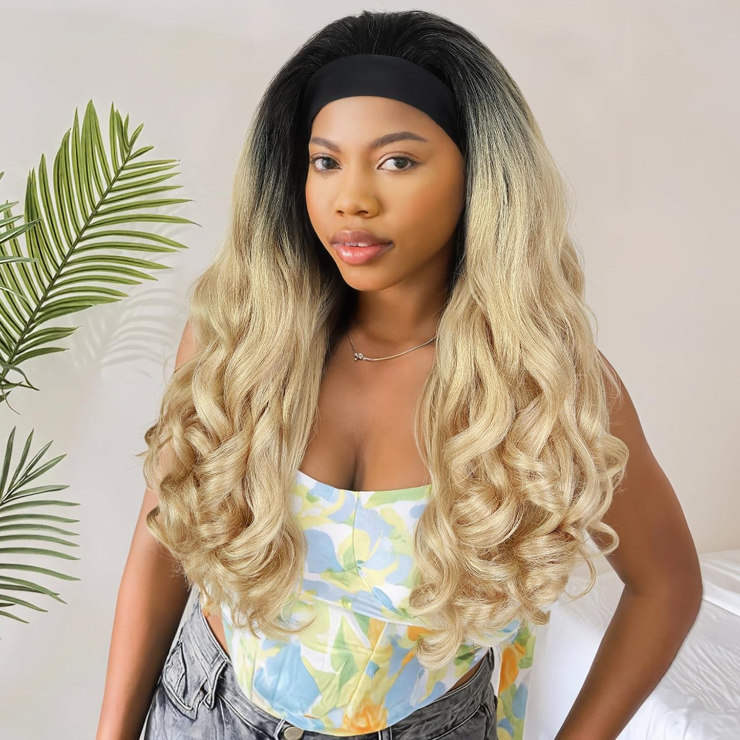 Quantum Love Yaki Curly Headband Wigs for Black Women Kinky Straight Ombre Blonde Headband Curly Ends Synthetic Wear and Go Glueless half Wig with Headbands Attached
