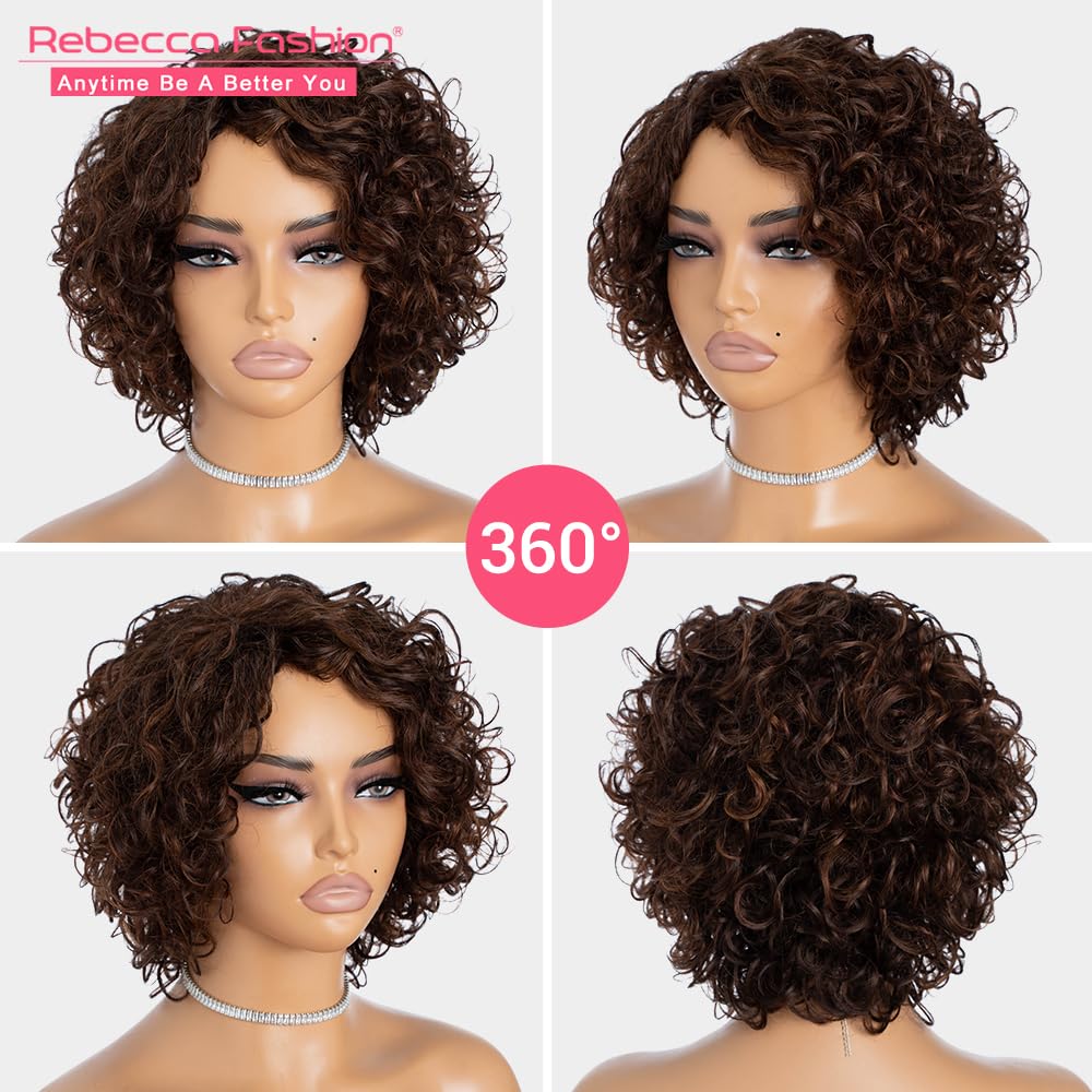 Rebecca Fashion Short Curly Human Hair Wigs for Black Women Cute Curly Bob Wig Side Part Non Lace Glueless Wigs Brazilian Remy Natural Looking Natural Looking MIixed Medium Brown Color
