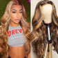 FASCARA 13x4 Highlight Ombre Lace Frontal Wigs Human Hair 4/27 Honey Blonde 180% Density Body Wave Wig for Women HD Transparent Lace Front Wig with Highlights Colored Glueless Wigs Human Hair 20 Inch
