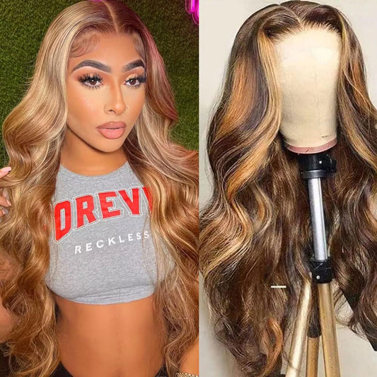 FASCARA 13x4 Highlight Ombre Lace Frontal Wigs Human Hair 4/27 Honey Blonde 180% Density Body Wave Wig for Women HD Transparent Lace Front Wig with Highlights Colored Glueless Wigs Human Hair 20 Inch