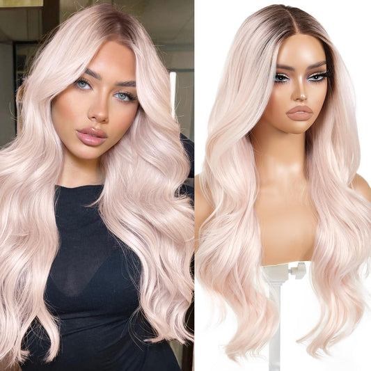ENCOUNTERU Wear and Go Glueless Pink Wigs For Women Body Wave Wig with Bangs Synthetic Lace Front Pre Plucked Pre Cut HD Lace Glueless Ready to Wear Wig Light Pink Middle Part 26 Inch