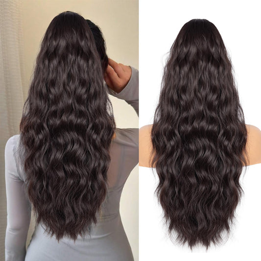 Drawstring Ponytail for Women, 26 inch Long Ponytail Extension, Soft Synthetic Pony Tails Hair Extensions, Clip in Ponytail Hair Extension for Daily Use (Dark Brown With a Slight Auburn Luster)