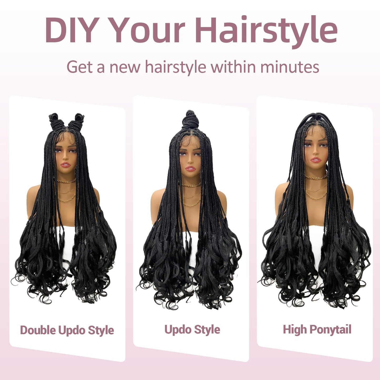 Janyuwool 36" Knotless Braided Wigs with Curly End Full Lace Box Braid Wig for Women Lace Front Human Hair Blended Braids Wig Full Double Lace Braided Wigs with Baby Hair (Black)