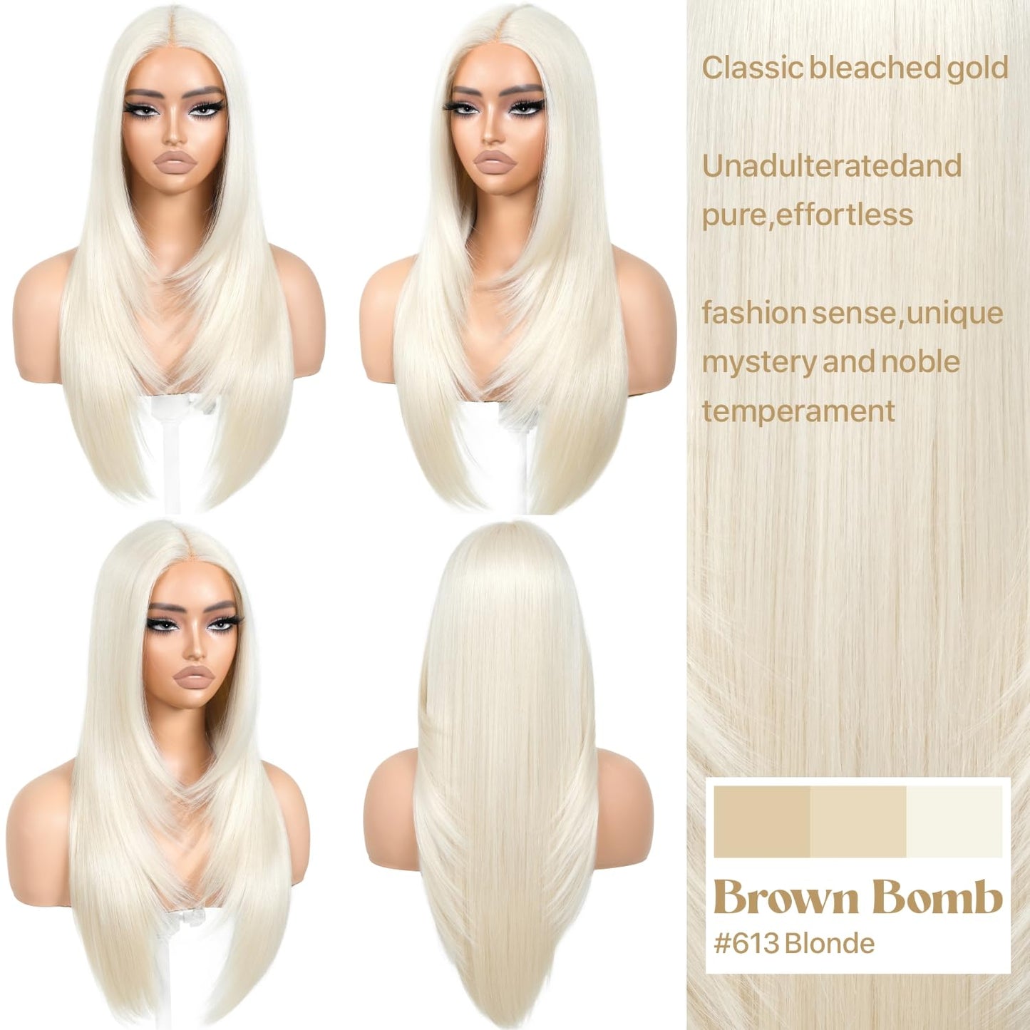 BrownBomb Blonde Wear and Go Glueless Wigs Pre Plucked Pre Cut for Beginners 613 Synthetic Lace Front Wigs With Bangs Long Straight layered Wigs HD Lace 26 Inch 3 Seconds to Wear for Beginners