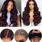 KLAIYI Black Cherry Loose Body Wave Pre Eeverything 13x4 Lace Frontal Wigs Human Hair Bye Bye Knots Glueless Ready to Wear and Go Wig with Face Framing Bangs Drawstring Pre Plucked Burgundy Wig 26Inch