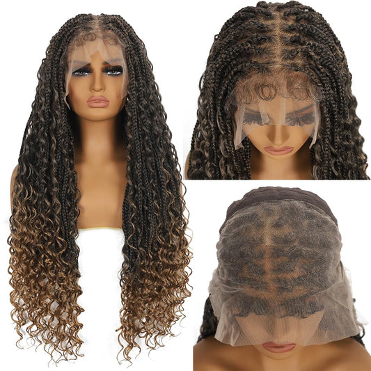 28 Inch Half Lace Front Braided Wigs for Black Women Knotless Braids Wigs Bohemian Boho Braids Goddess Box Braided Wig with Baby Hair (T27, 28 inch)