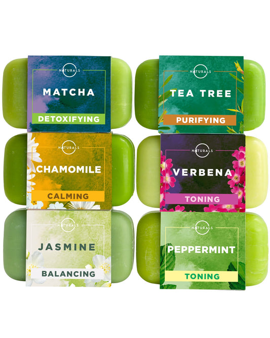 O NATURALS 100% Natural Bar Soap - Gift Set - Organic Ingredients & Essential Oils - Spa Gifts for Women & Men, Body Wash & Face Soap - 6PC Green Tea Soap Collection