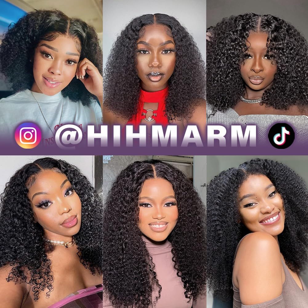 Hihmarm Bob Wig Human Hair 13x6 HD Transparent Lace Kinky Curly Front Wigs Human Hair Pre Plucked Bob Wigs for Black Women 180 Density Curly Glueless Wig Natural Black 16 Inch