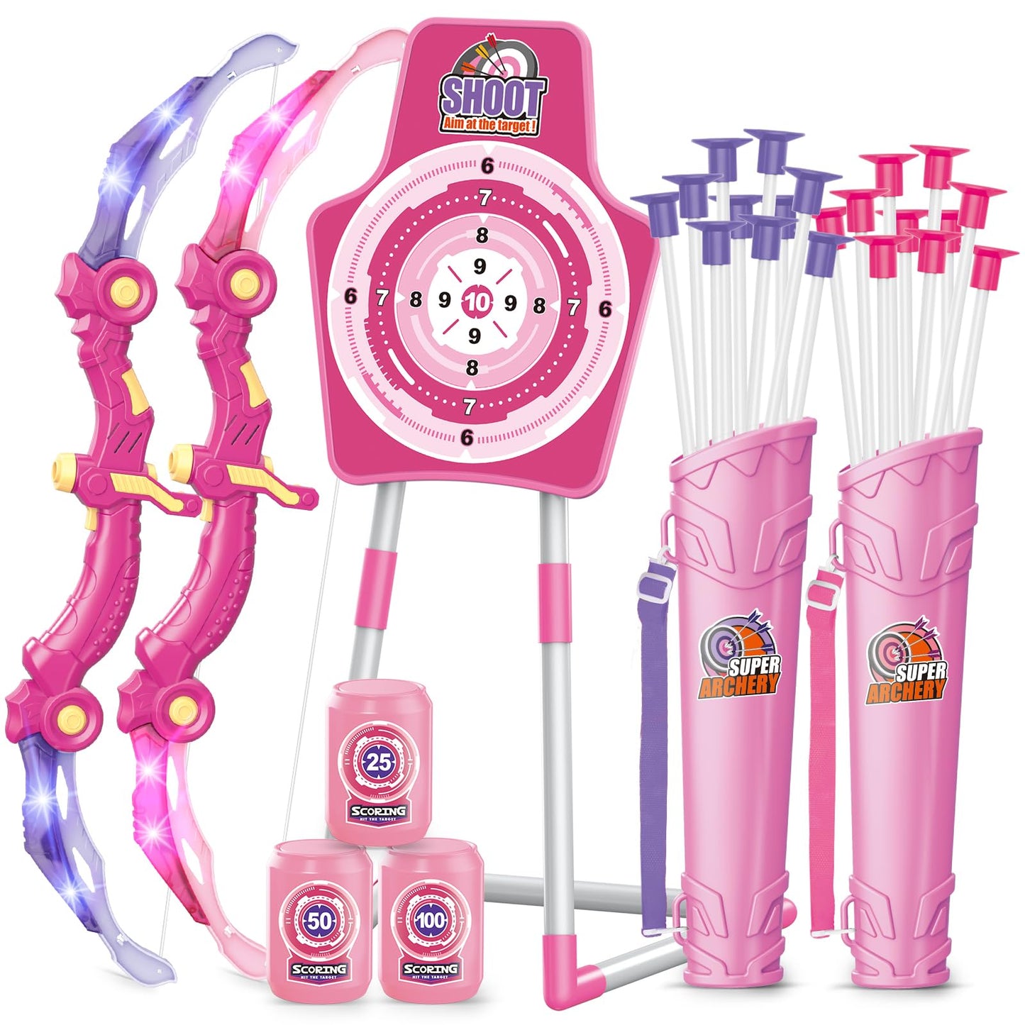 Bow and Arrow Toys for 5 6 7 8 9 10 Years Olds Girls, Archery Set includes 2 Super Bow with LED Lights, 20 Suction Cups Arrows,Archery Set with Standing Target,3 Target Cans,Gift for Kids