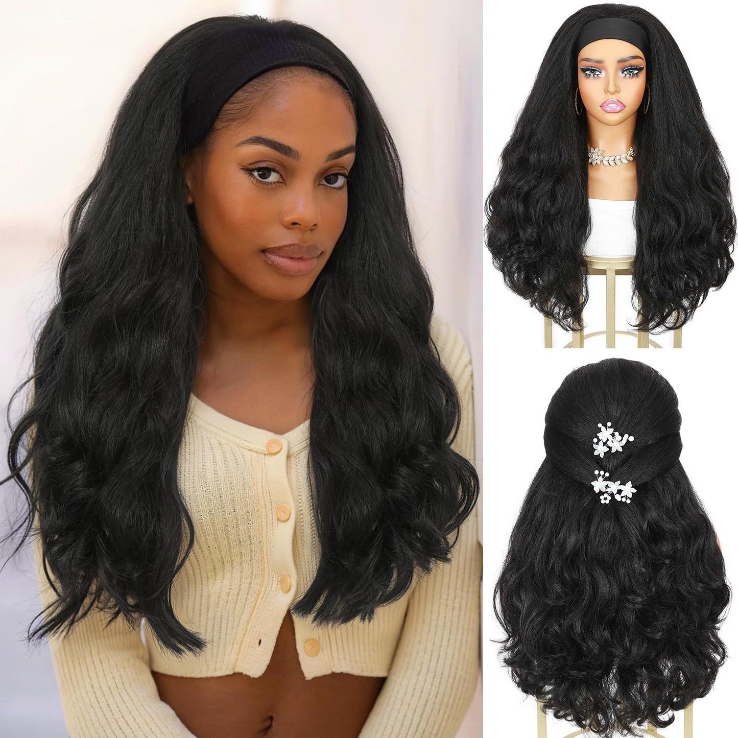 Quantum Love Yaki Curly Headband Wigs for Black Women Kinky Straight Black Headband Curly Ends 26inch Synthetic Wear and Go Glueless half Wig with Headbands Attached