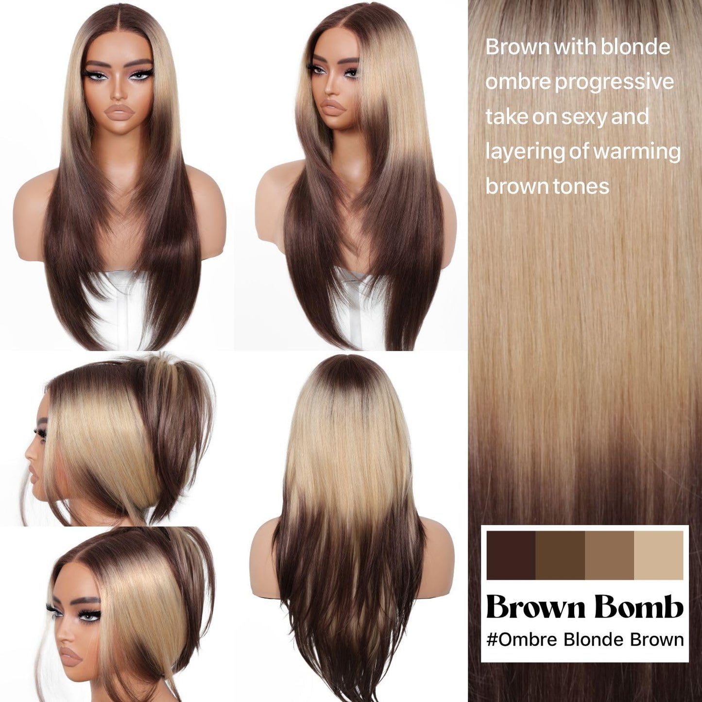 BrownBomb Ombre Blonde Brown Wear and Go Glueless Wigs Pre Plucked Pre Cut for Beginners Synthetic Lace Front Wigs With Bangs Long layered Straight Wigs With Dark Roots 26 Inch 3 Seconds to Wear