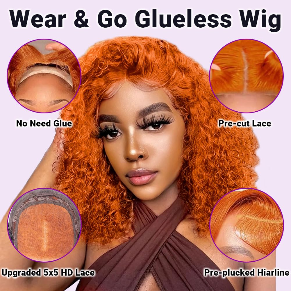 UCUVIC Wear And Go Glueless Wigs Human Hair Pre Plucked Pre Cut Curly 5x5 Deep Wave Bob Wig Human Hair Lace Front Closure Wigs For Black Women 200 Density Curly Wig Glueless Wear And Go Ginger 18 Inch